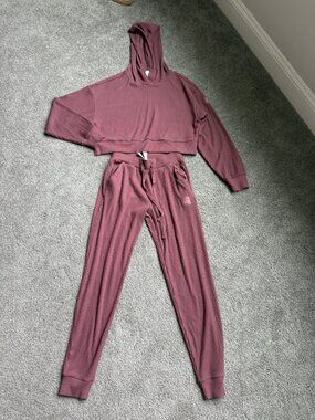 Alo Yoga Cropped Hoodie & Joggers 2-Piece Set Mauve Ribbed size XS